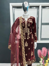 Load image into Gallery viewer, Maroon Color Embroidery &amp; Sequence Work Velvet Salwar Suit Clothsvilla