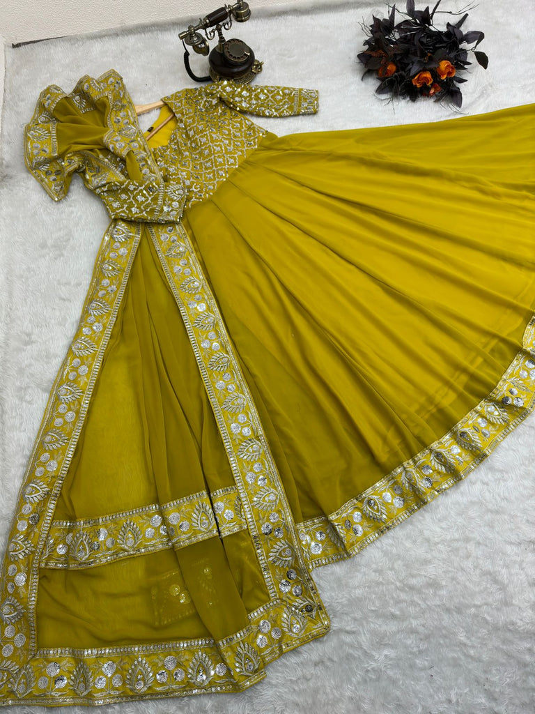 Presenting Yellow Color with Work Georgette Gown Clothsvilla