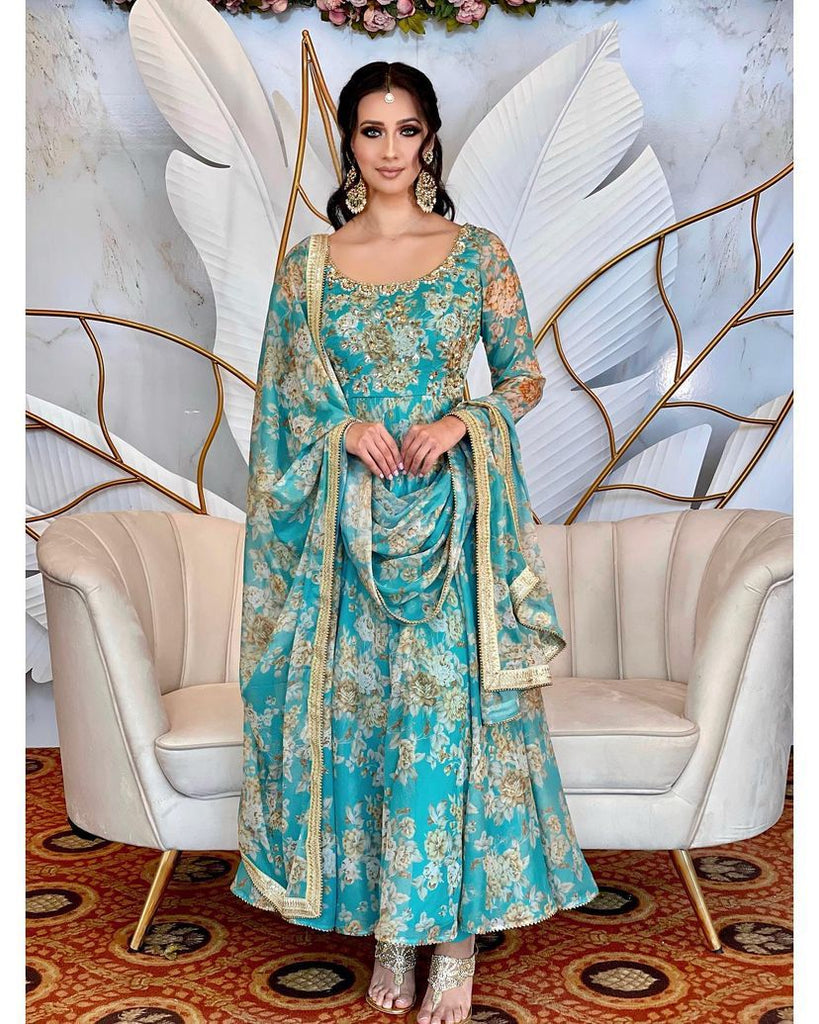 Sky Blue Floral Printed Anarkali Gown in Faux Georgette Clothsvilla