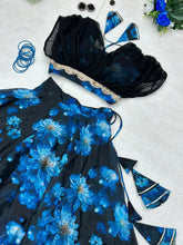 Load image into Gallery viewer, Organza Blue Color Digital Printed Crop Top With Lehenga Clothsvilla