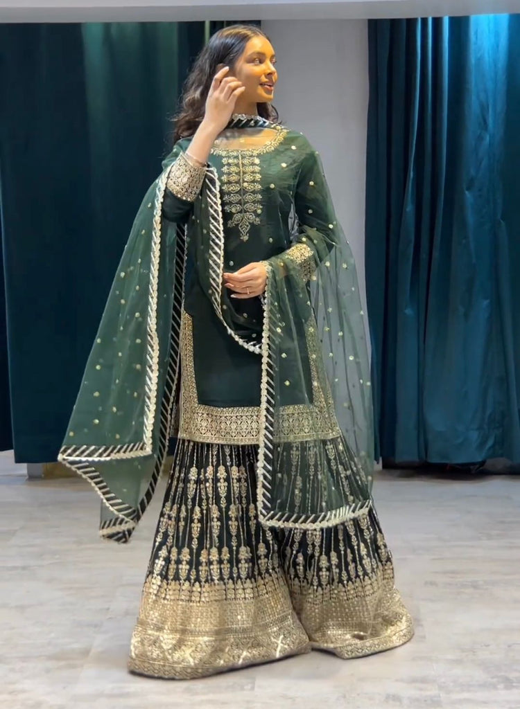 Sequence Work Dark Green Color Sharara Suit