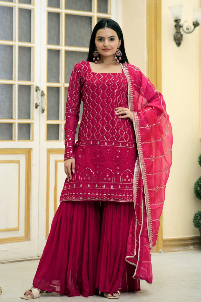 Stylish Embroidered Work Pink Color Sharara Suit