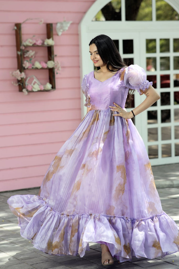Fancy Puff Sleeves Lavender Color Gown Clothsvilla