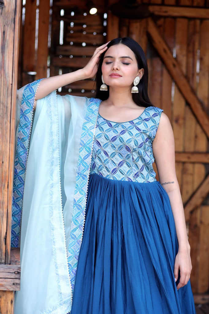 Fashionable Work Blue Gown With Dupatta Clothsvilla