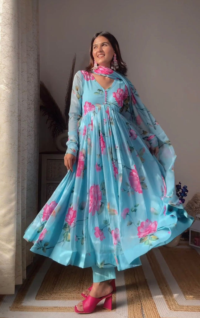 Colorful Flower Design Sky Blue Lovely Gown