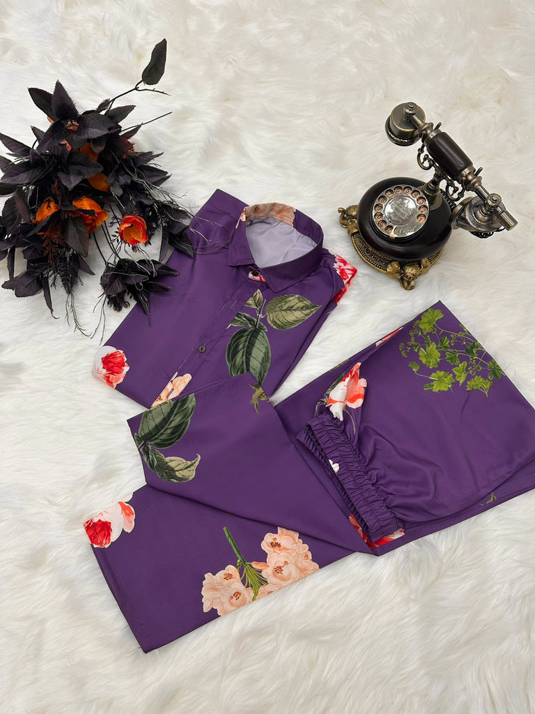 Party Wear Purple Color Flower Design Cord Set