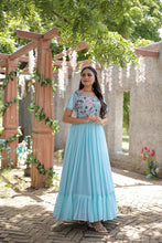 Load image into Gallery viewer, Wonderful Embroidered Work Ruffle Sky Blue Color Gown Clothsvilla