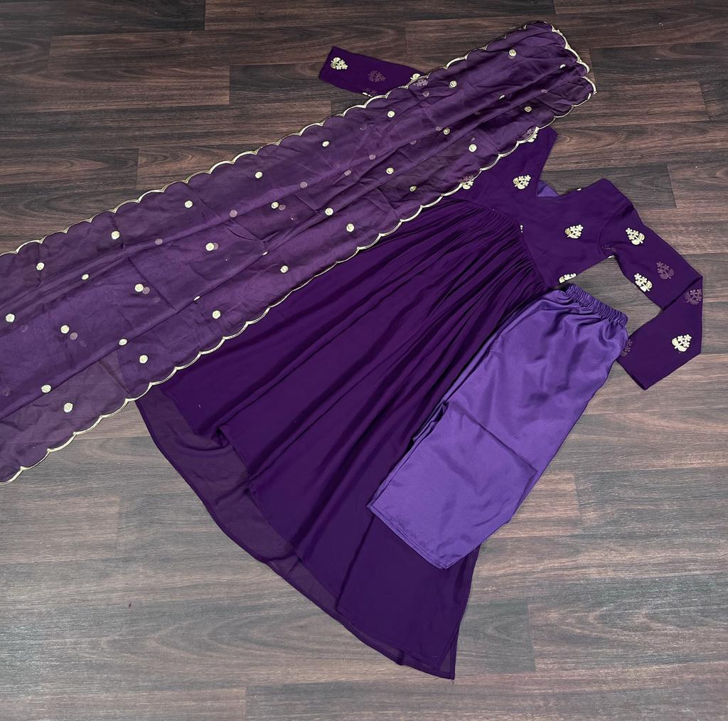 Fancy Purple Embroidery Work Beautiful Kurti pant With dupatta Clothsvilla