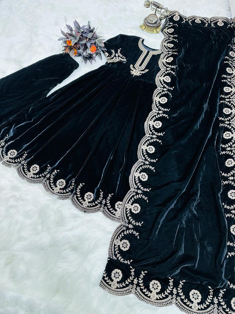 Glamourous Black Color Embroidery Work Anarkali Suit