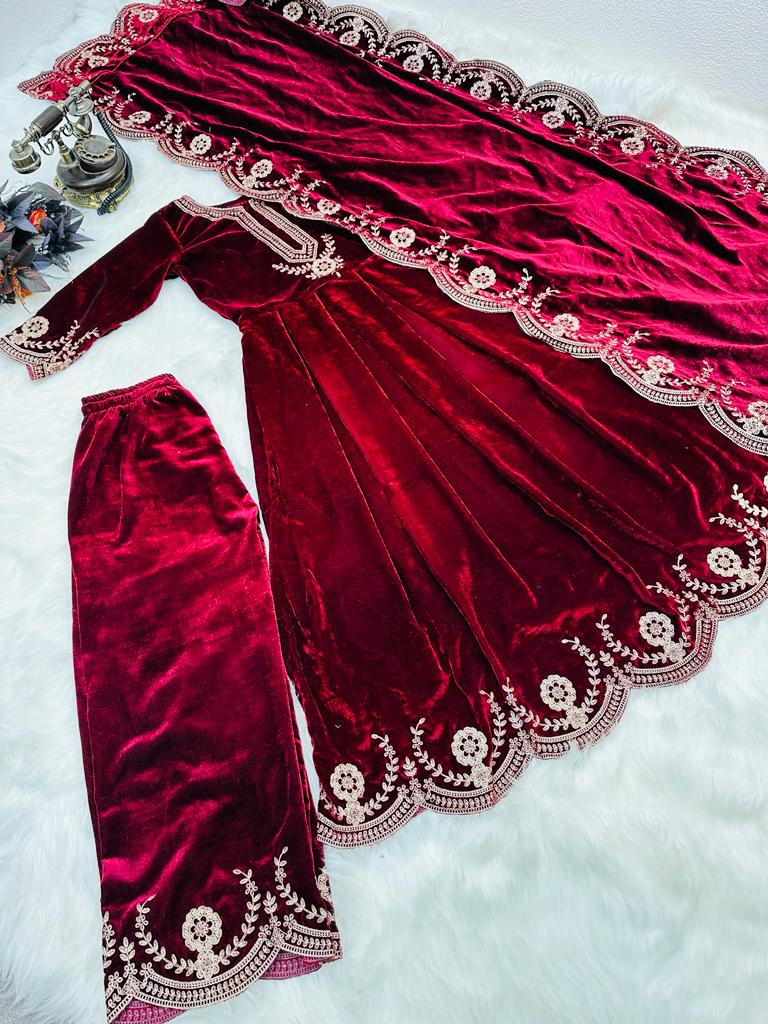 Glamourous Maroon Color Embroidery Work Anarkali Suit