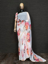 Load image into Gallery viewer, White Color Floral Digital Printed Georgette Saree With Pearl Lace Border Clothsvilla