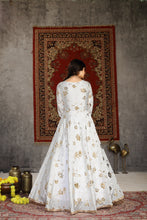 Load image into Gallery viewer, White Foilage Print Taffeta Silk Party Wear Gown Semi Stitched ClothsVilla