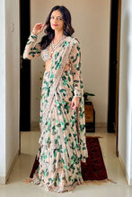 Load image into Gallery viewer, White Ruffle Saree in Georgette with Floral Print and Embroidery Clothsvilla