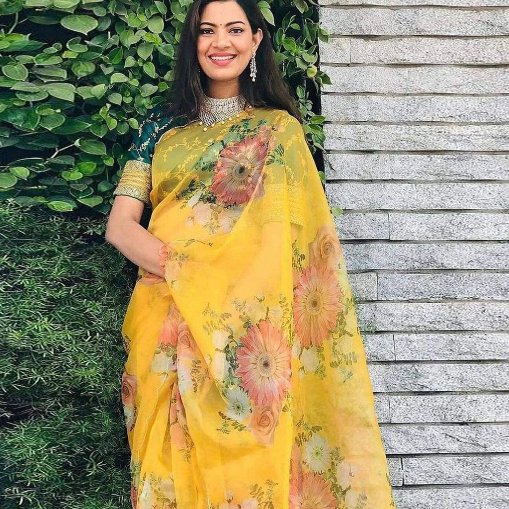 Yellow Saree in Organza Silk with Floral Print for Haldi and Wedding ClothsVilla