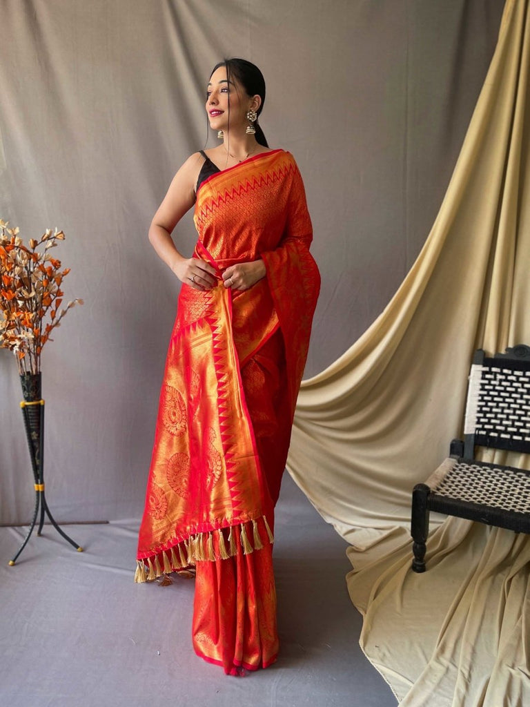 Red Saree in Pure Kanjeevaram Silk Woven Clothsvilla