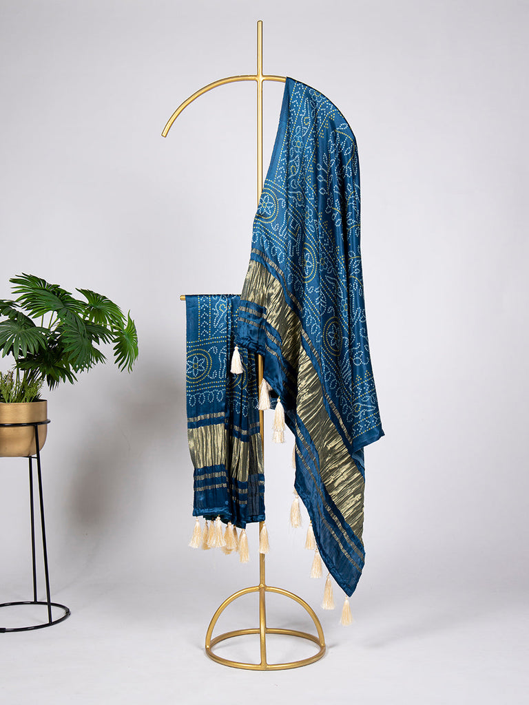 Blue Color Bandhni Printed Gaji Silk Dupatta With Tassels ClothsVilla.com