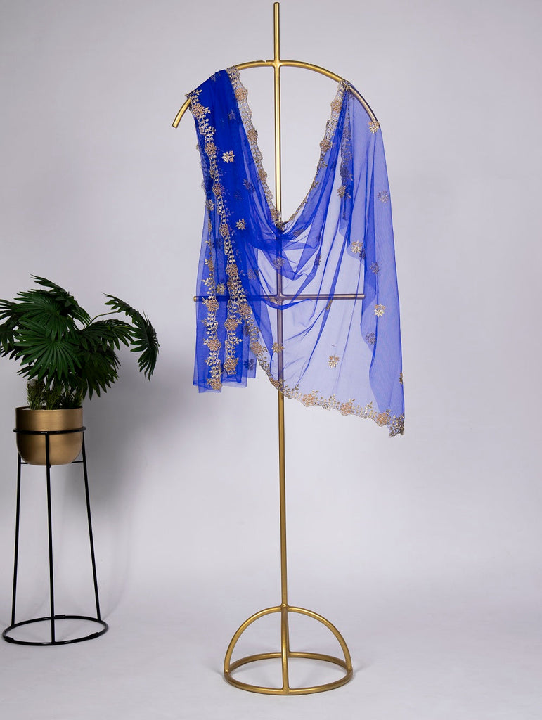 Blue Color Embroidery Cut Work and Stone Work Net Dupatta Clothsvilla
