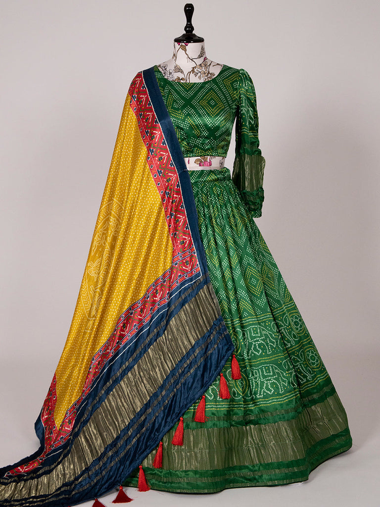 Green Color Bandhani Printed Pure Gaji Silk Gujarati Chaniya Choli Clothsvilla