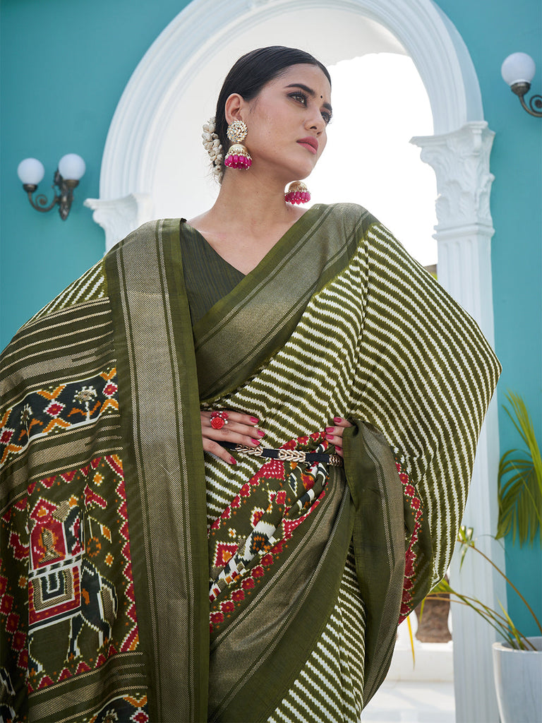 Mehndi Color Patola Printed Dola Silk Saree Clothsvilla