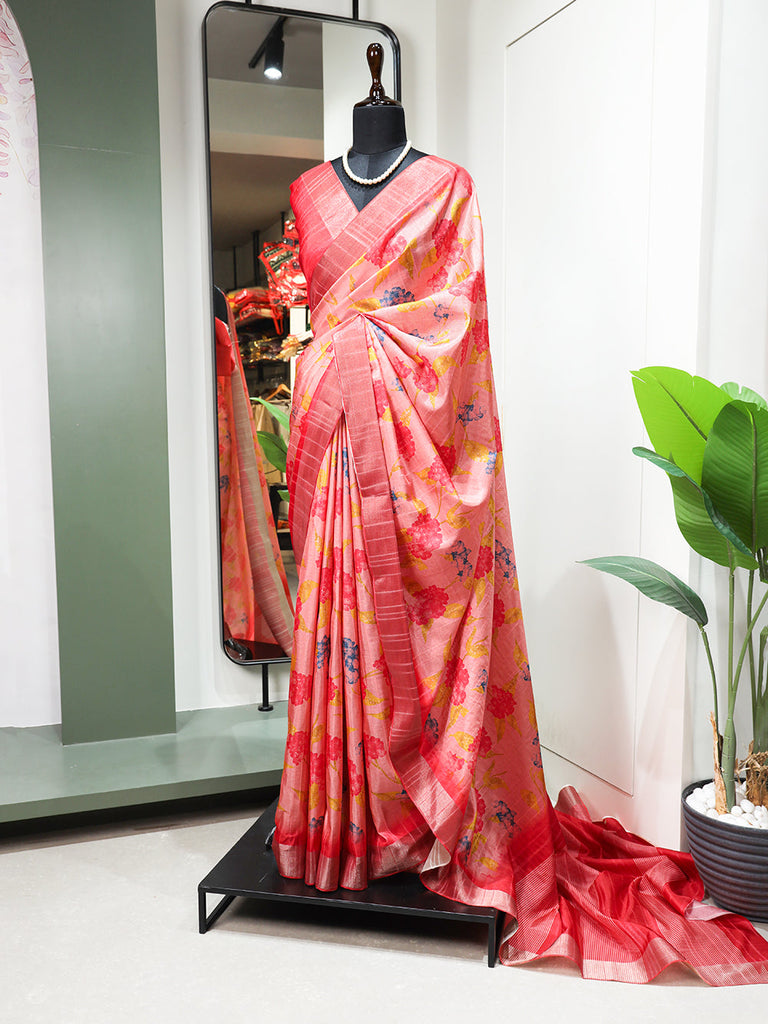 Pink Color Digital Printed Handloom Kotha Border Saree Clothsvilla