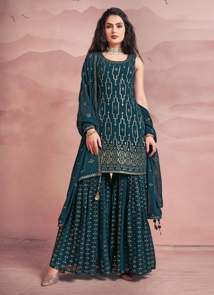 Georgette Readymade Suit In Teal Clothsvilla