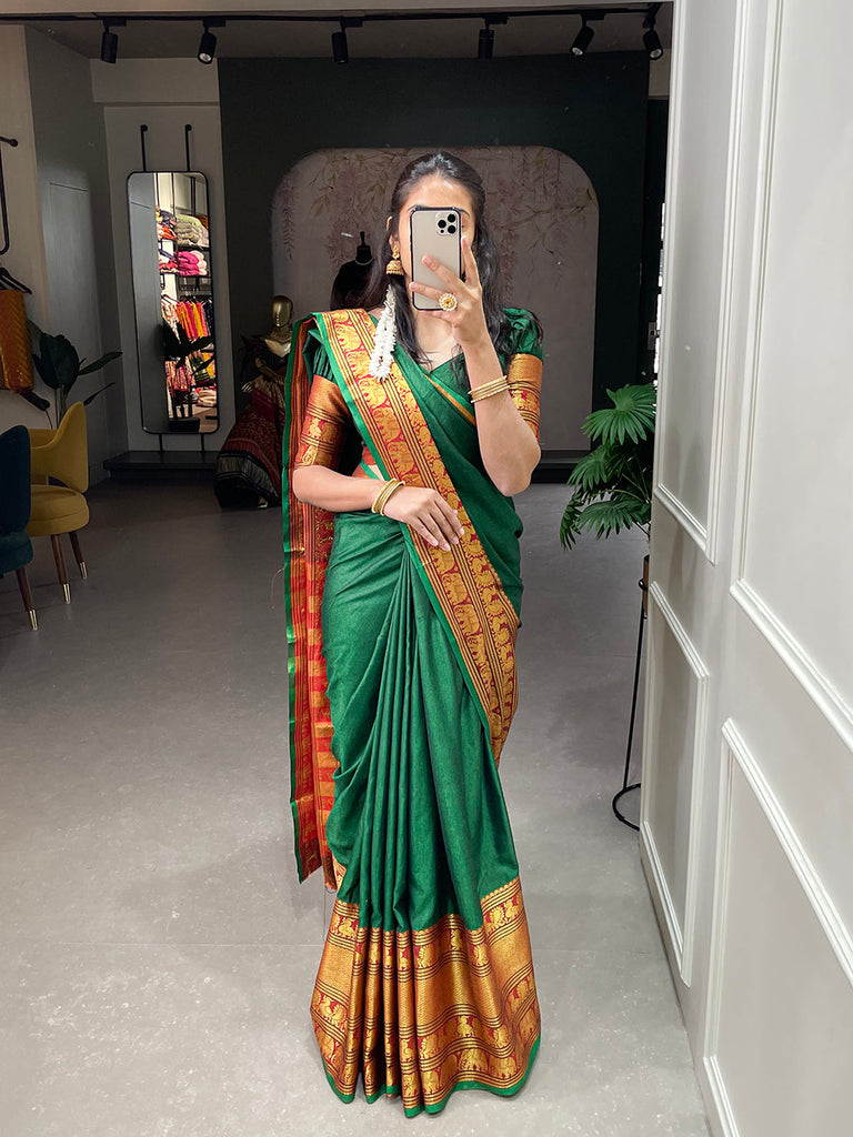 Green Color Zari Weaving Work Narayan Pet Saree Clothsvilla