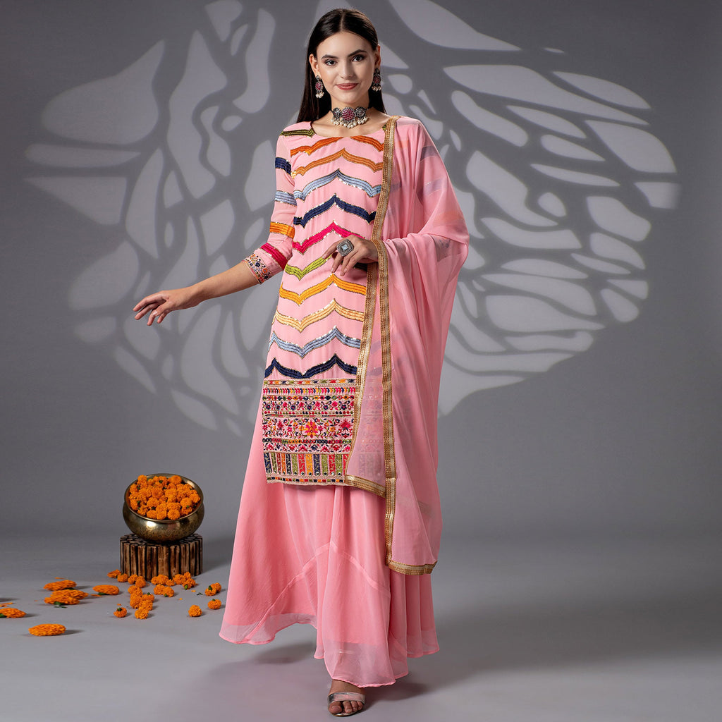 Pink Sequins Embroidered Georgette Sharara Suit Clothsvilla
