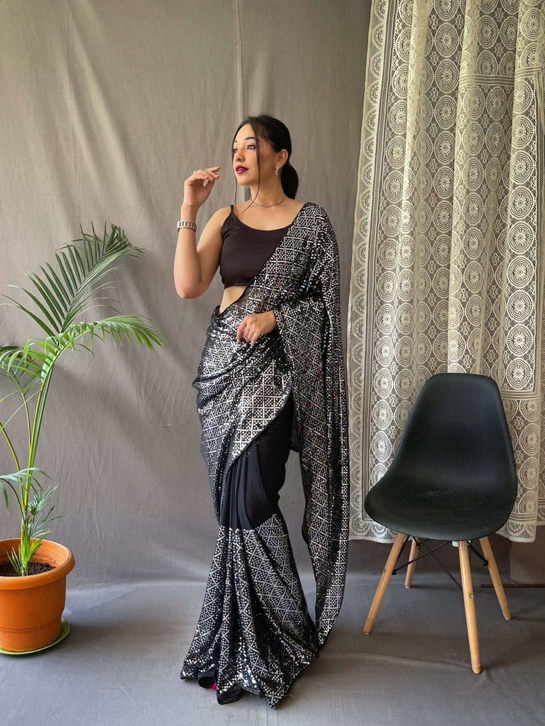 Black Designer Saree in Georgette with Sequins Embroidered Work Clothsvilla