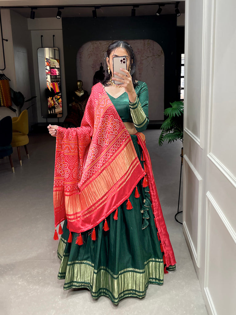 Green Color Dyeing With Lagdi Patta Gaji Silk Lehenga Choli ClothsVilla.com