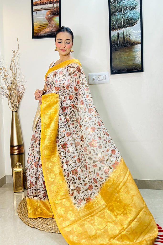 Banarasi Silk Floral Printed Contrast Woven Saree Mustard Yellow Clothsvilla
