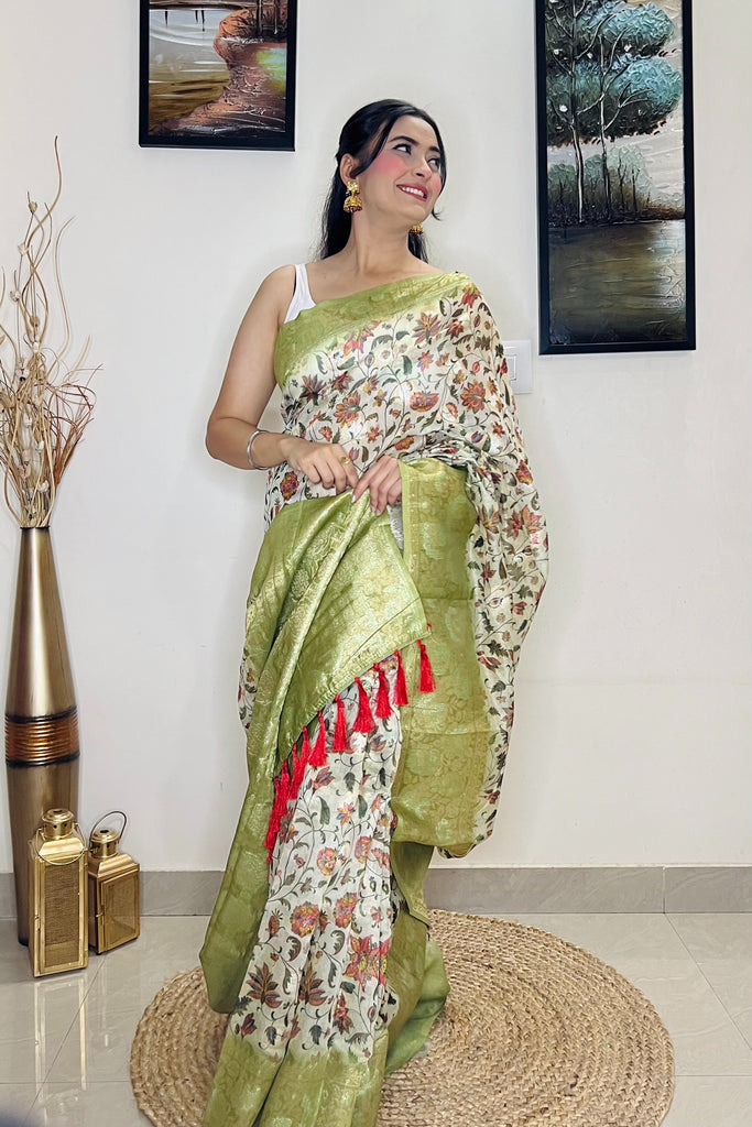 Banarasi Silk Floral Printed Contrast Woven Saree Pastel Green Clothsvilla