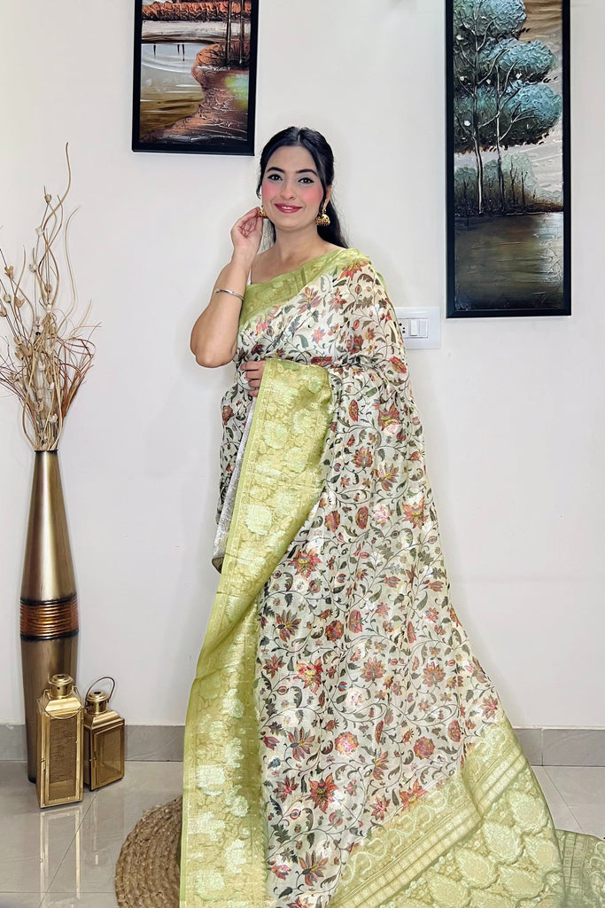 Banarasi Silk Floral Printed Contrast Woven Saree Pastel Green Clothsvilla