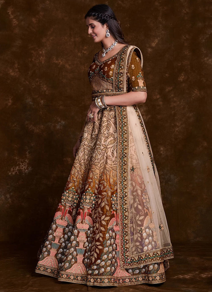Indian Art Silk Brown Lehenga Set with Thread, Zari & Dori Work Clothsvilla