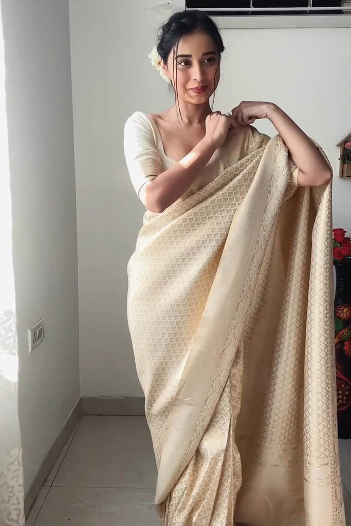 Demesne 1-Minute Ready To Wear Beige Kanjivaram Silk Saree RTW
