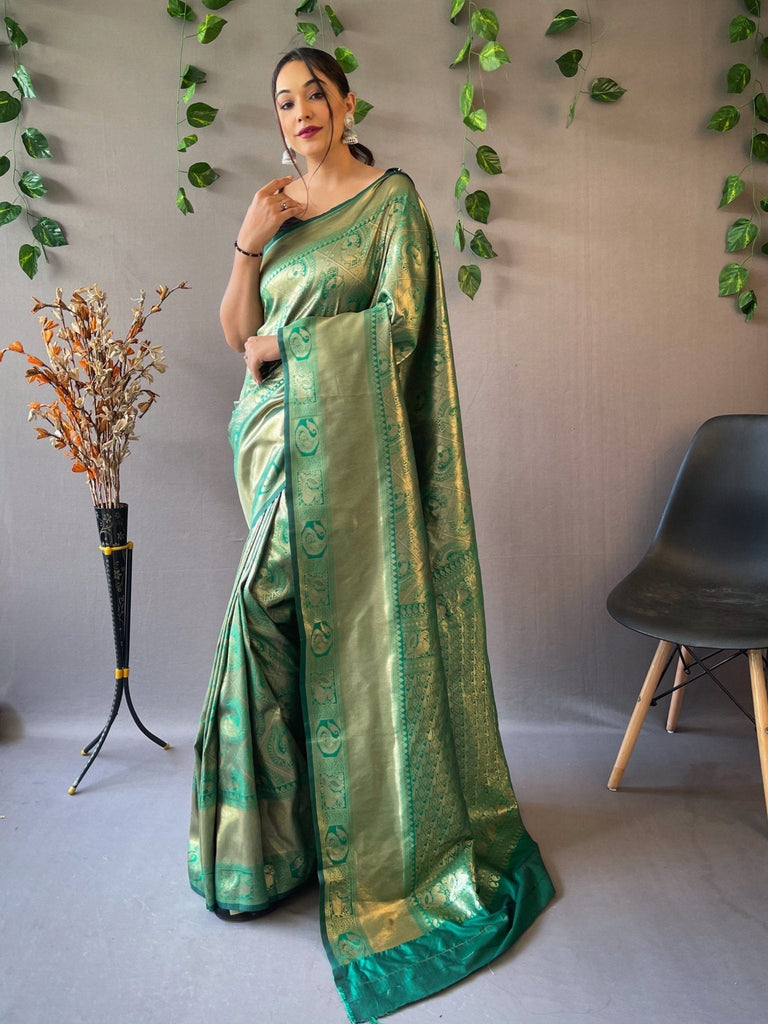 Kanjeevaram Silk Self Peacock Woven Saree Dark Green Clothsvilla