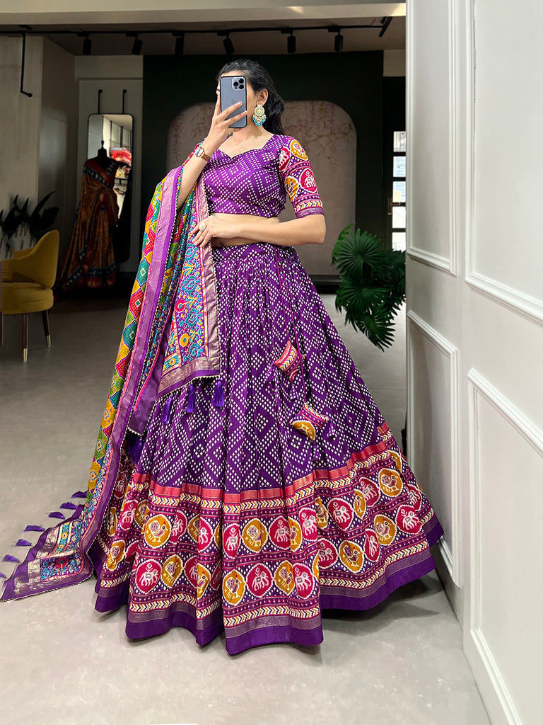 Purple Color Bandhej And Patola Print With Foil Work Tussar Silk Lehnga Choli Clothsvilla