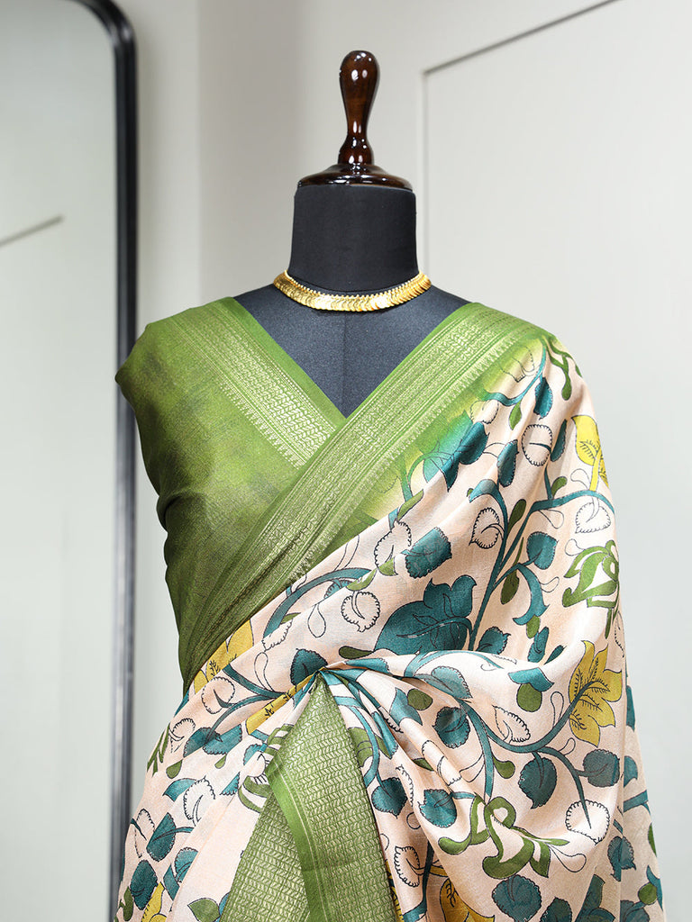 Green Color Printed With Zari Border Dola Silk Saree Clothsvilla