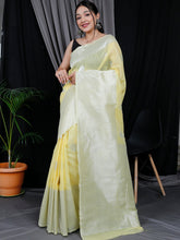 Load image into Gallery viewer, Linen Silk Silver Zari Woven Big Border Yellow Clothsvilla