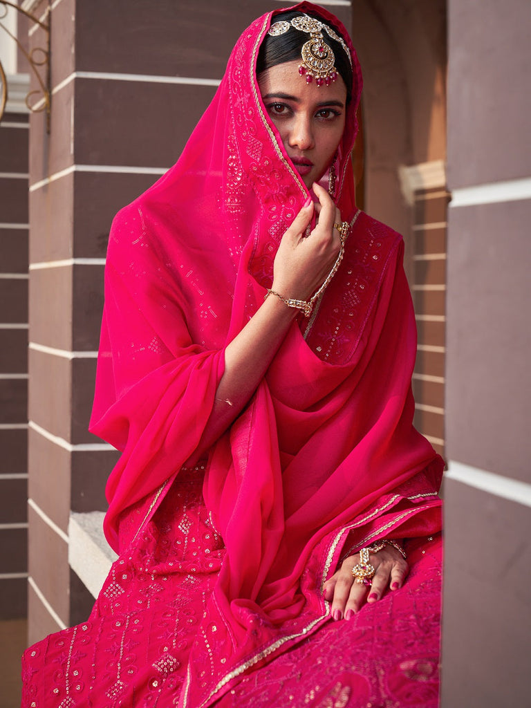 Rani Pink Color Lucknowi With Sequins Work Georgette Lehenga Choli Clothsvilla