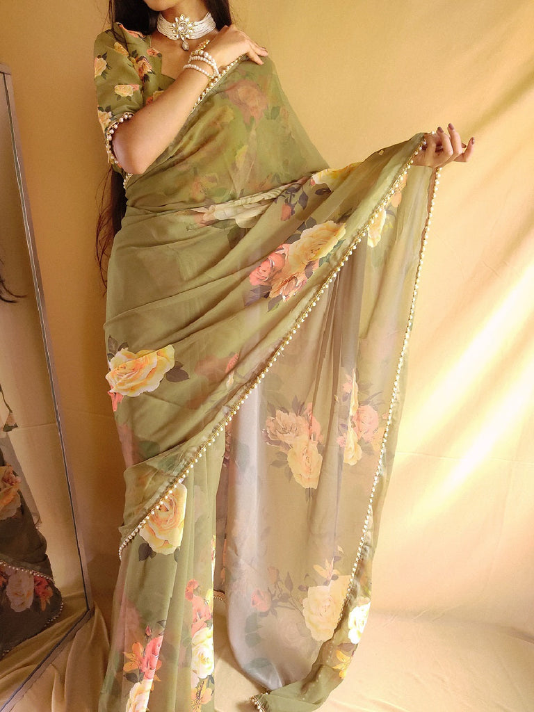 Mehndi Color Printed With Peral Lace Border Georgette Stylist Saree Clothsvilla