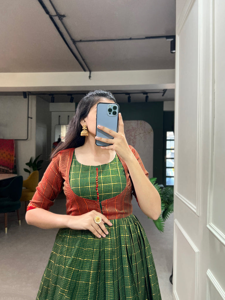 Green Color Zari Weaving Work Zari Chex Traditional Dress Clothsvilla