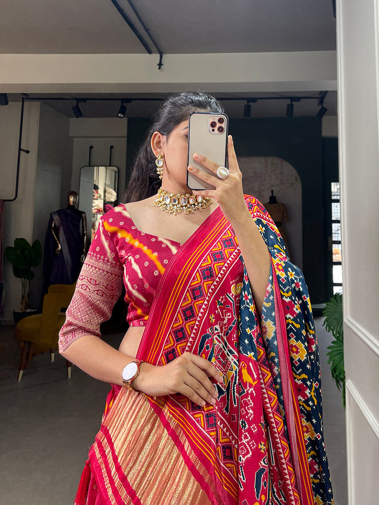 Rani Pink Color Printed With Zari Weaving Work Viscose Dola Silk Lehenga Choli Clothsvilla