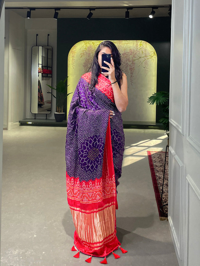 Purple Color Floral & Foil Work Gaji Silk Saree Clothsvilla