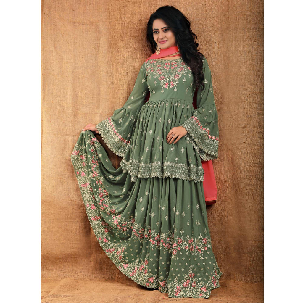 Olive Green Partywear Thread Floral Embroidered Georgette Sharara Suit Clothsvilla