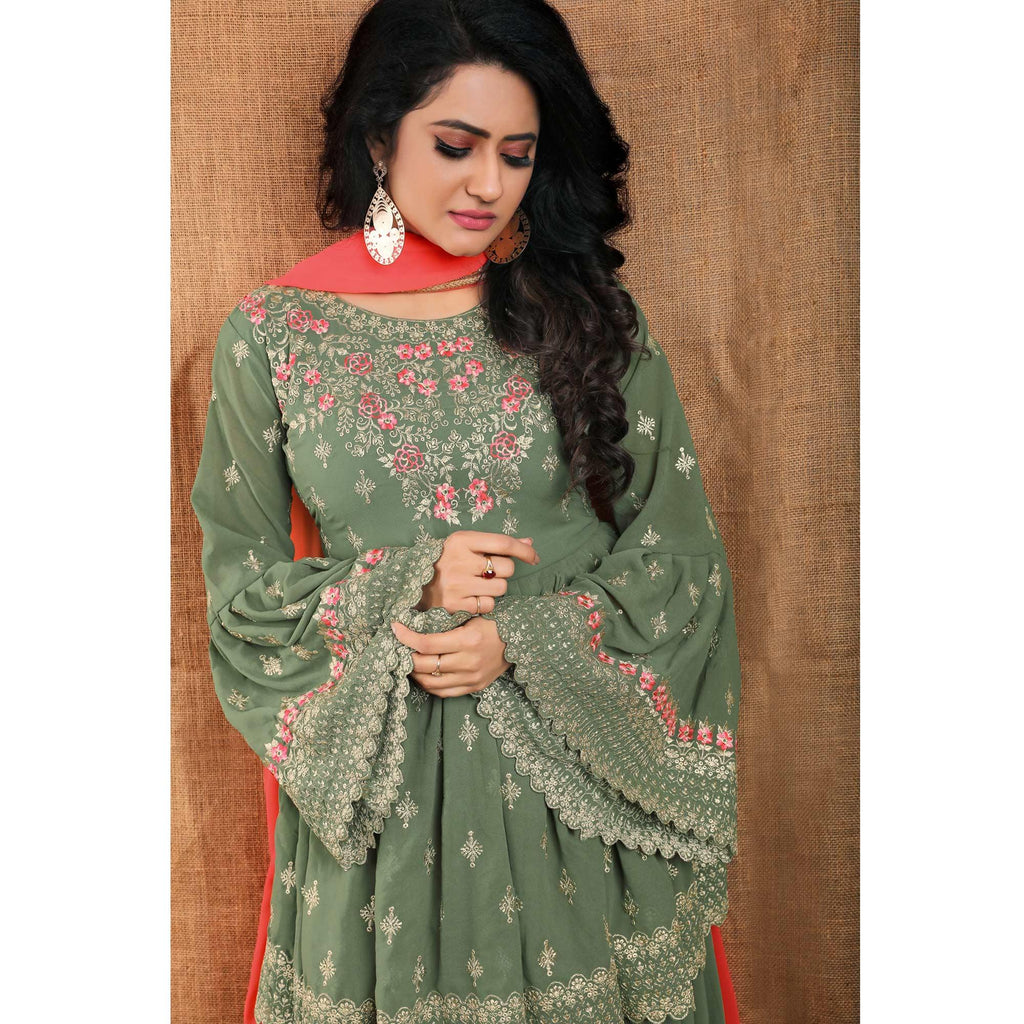 Olive Green Partywear Thread Floral Embroidered Georgette Sharara Suit Clothsvilla