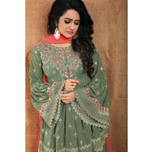 Load image into Gallery viewer, Olive Green Partywear Thread Floral Embroidered Georgette Sharara Suit Clothsvilla
