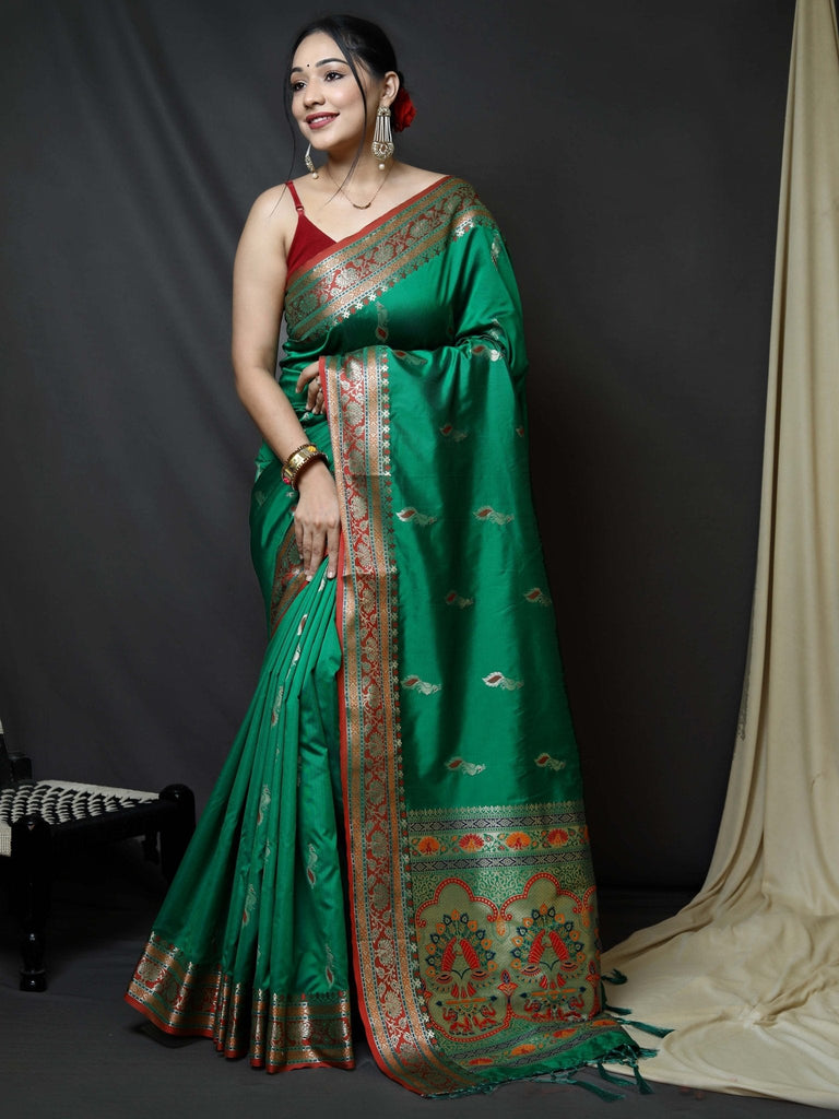 Paithani Silk Peacock Zari Contrast Border Woven Saree Green Clothsvilla