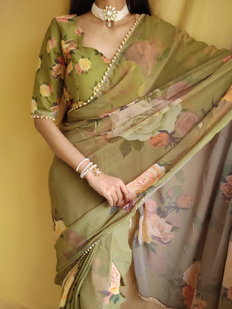 Mehndi Color Printed With Peral Lace Border Georgette Stylist Saree Clothsvilla