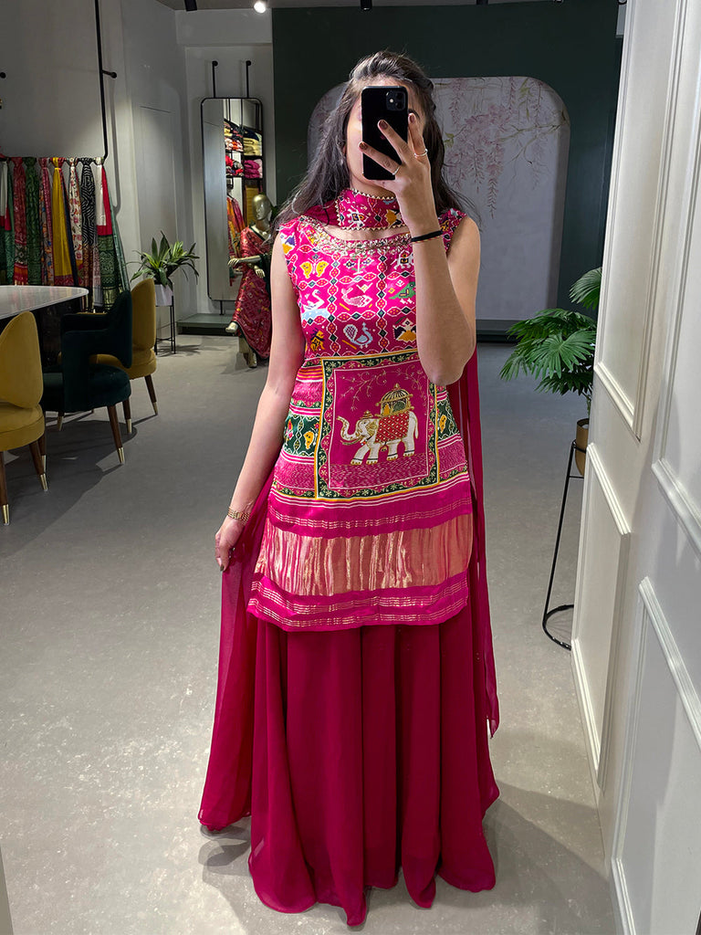 Pink Color Printed and Handwork Gaji Silk Kurti Plazo Set Clothsvilla