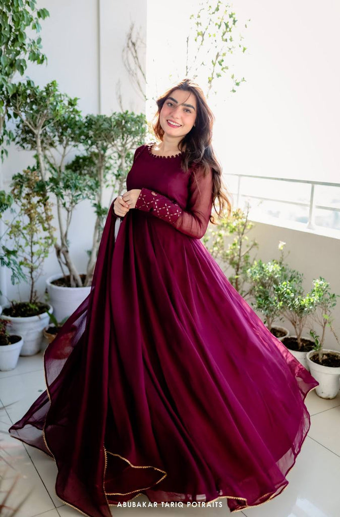 Full Sleeve With Potli Button Wine Color Gown Clothsvilla